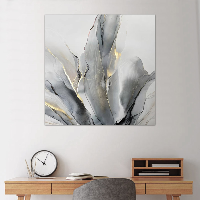 Πίνακας σε καμβά "Abstract Grey Leaves" Megapap ψηφιακής εκτύπωσης 100x100x3εκ. - Image 2