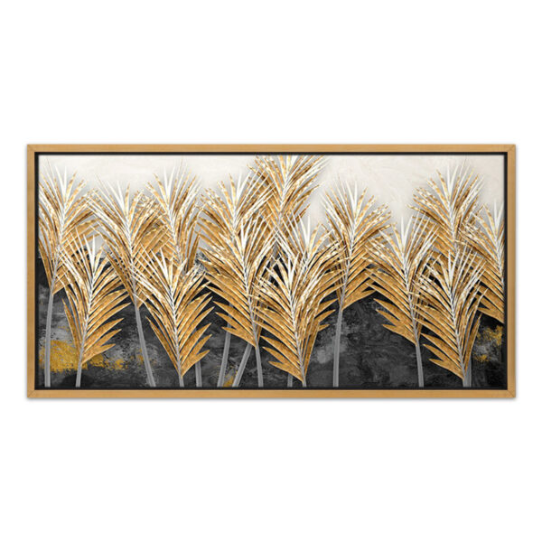 Πίνακας σε καμβά “Gold Leaves” Megapap ψηφιακής εκτύπωσης με κορνίζα χρώμα χρυσό 140x70x3εκ.