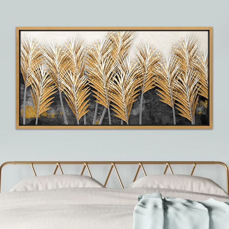 Πίνακας σε καμβά "Gold Leaves" Megapap ψηφιακής εκτύπωσης με κορνίζα χρώμα χρυσό 140x70x3εκ. - Image 2