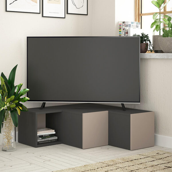 Έπιπλο τηλεόρασης γωνιακό Compact Megapap χρώμα ανθρακί – ανοιχτή μόκα 94,2×90,6×31,4εκ.