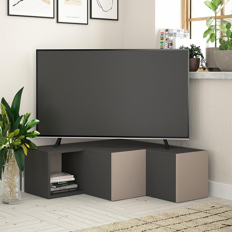 Έπιπλο τηλεόρασης γωνιακό Compact Megapap χρώμα ανθρακί – ανοιχτή μόκα 94,2×90,6×31,4εκ.