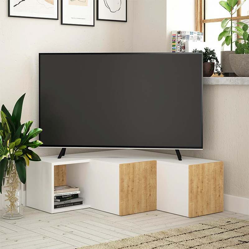 Έπιπλο τηλεόρασης γωνιακό Compact Megapap χρώμα λευκό – sapphire oak 94,2×90,6×31,4εκ.