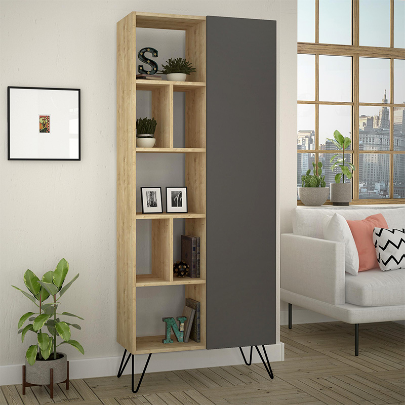 Βιβλιοθήκη Jedda Megapap χρώμα sapphire oak – ανθρακί 80,6×29,6×191εκ.