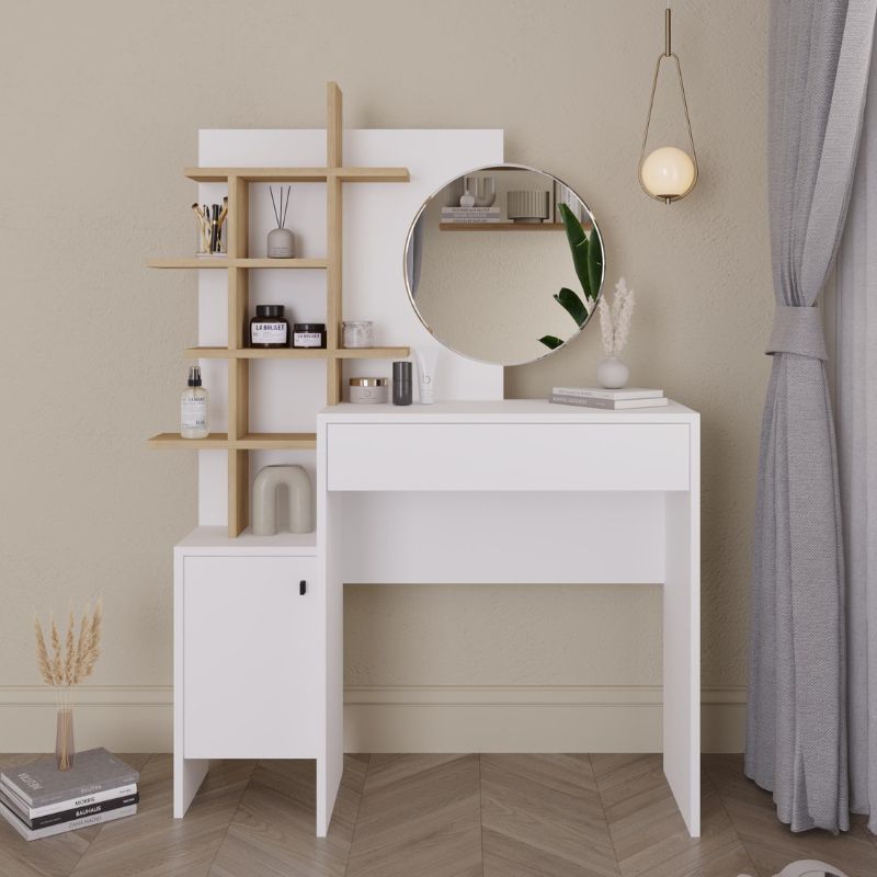 Τουαλέτα με καθρέπτη Mup Megapap χρώμα λευκό – sapphire oak 105x35x151εκ.