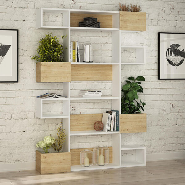 Βιβλιοθήκη Niho Megapap χρώμα λευκό – sapphire oak 120×25,3×171εκ.