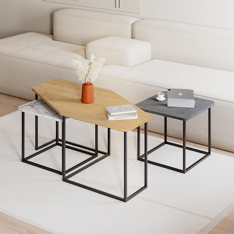 Τραπεζάκι σαλονιού σετ 3 τμχ. Nesty Megapap χρώμα saphhire oak – γκρι ρετρό – λευκό εφέ μαρμάρου 110x60x48εκ.