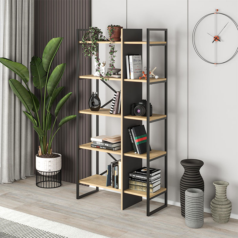 Βιβλιοθήκη Detroit Megapap χρώμα sapphire oak – silky black 87,5×35,2×175εκ.