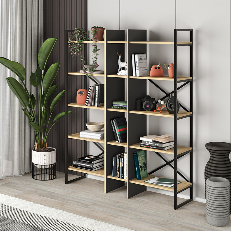 Βιβλιοθήκη Detroit Megapap χρώμα sapphire oak – silky black 143,5×35,2×175εκ.