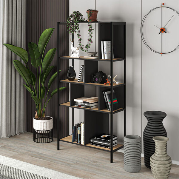 Βιβλιοθήκη Midi Megapap χρώμα sapphire oak – silky black 88x35x175εκ.