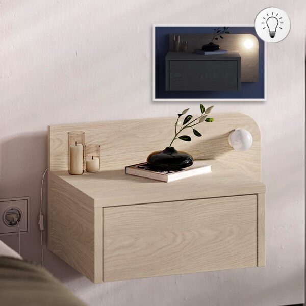 Κομοδίνο επιτοίχιο Dotta Megapap με LED χρώμα light oak 52×33,6×28εκ.