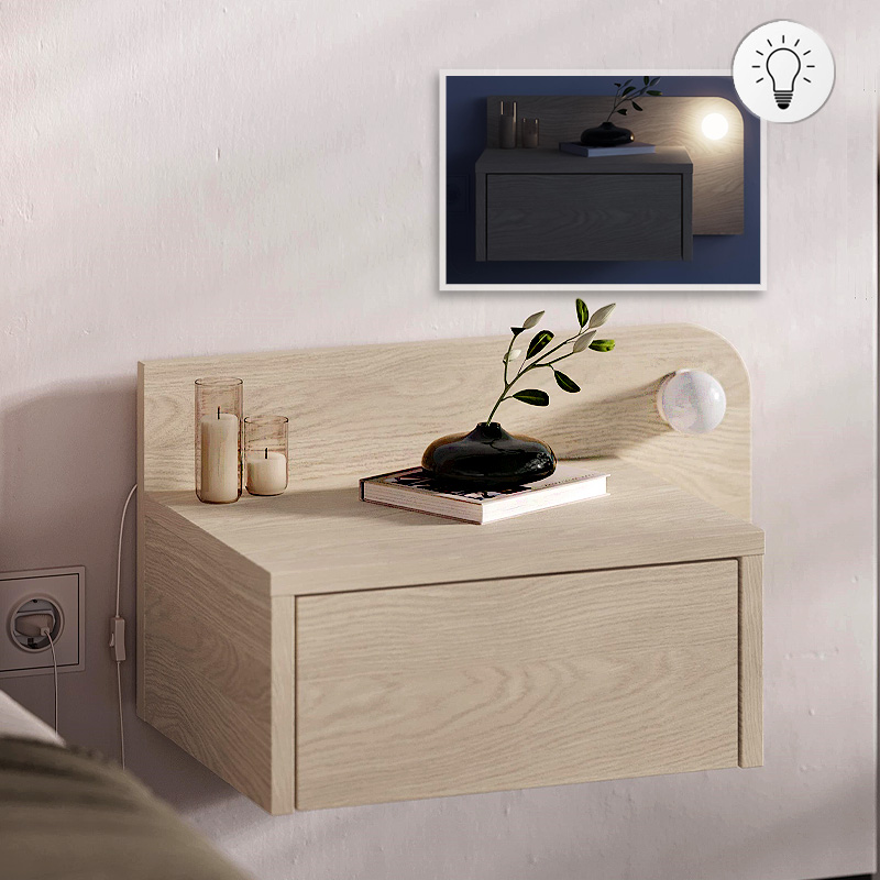 Κομοδίνο επιτοίχιο Dotta Megapap με LED χρώμα light oak 52×33,6×28εκ.