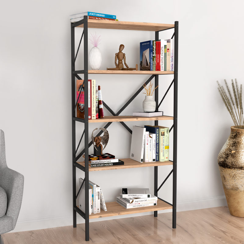 Βιβλιοθήκη Jocasta Megapap μεταλλική – μελαμίνης χρώμα pine oak 66x34x160εκ.