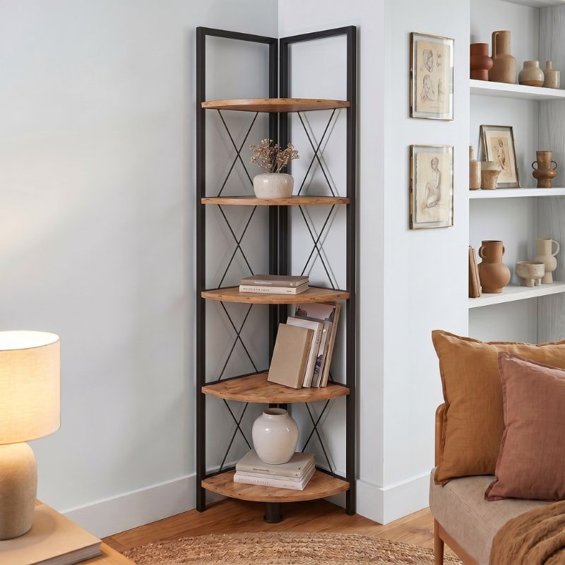 Βιβλιοθήκη γωνιακή Kelsie Megapap χρώμα μαύρο – pine oak 33x33x162εκ.