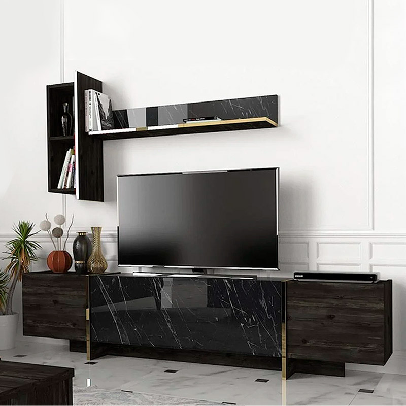 Σύνθεση τηλεόρασης Veyron Megapap χρώμα μαύρο rebab – μαύρο εφέ μαρμάρου 180x33x45εκ.