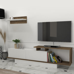 Έπιπλο τηλεόρασης Novara Megapap χρώμα λευκό - καρυδί 180x29,6x45εκ.