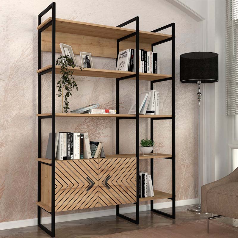 Βιβλιοθήκη Eduardo Megapap μεταλλική – μελαμίνης χρώμα sapphire oak 120x39x180εκ.