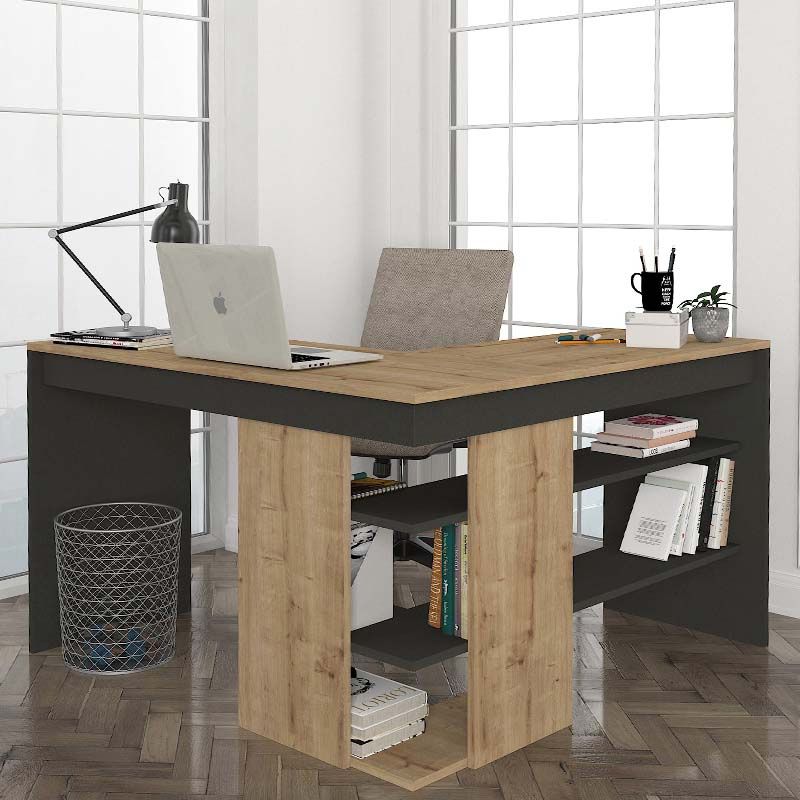 Γραφείο εργασίας Stylo Megapap χρώμα sapphire oak - ανθρακί 120x120x73,8εκ. - Image 2