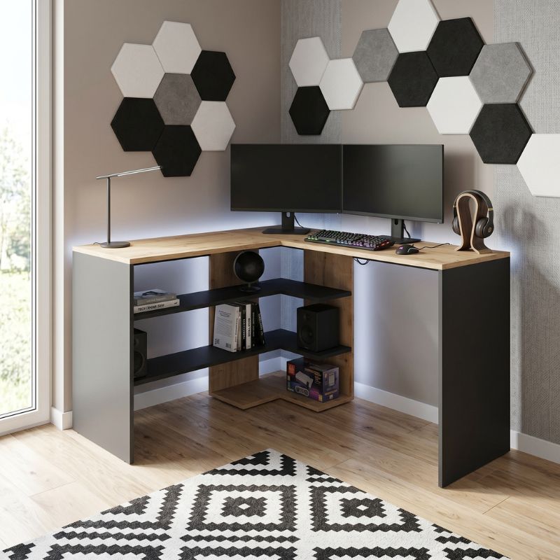 Γραφείο εργασίας Stylo Megapap χρώμα sapphire oak - ανθρακί 120x120x73,8εκ. - Image 3