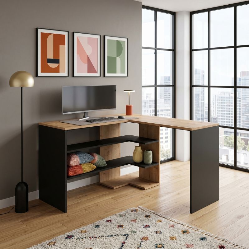 Γραφείο εργασίας Stylo Megapap χρώμα sapphire oak - ανθρακί 120x120x73,8εκ. - Image 4