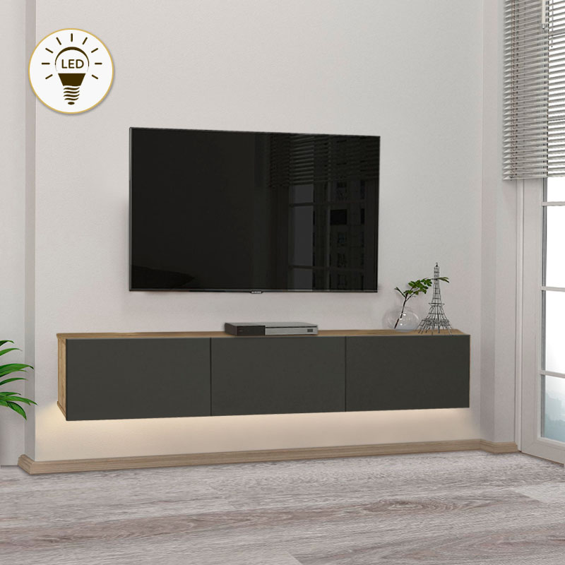 Έπιπλο τηλεόρασης επιτοίχιο Damla Megapap με LED χρώμα sapphire oak – ανθρακί 180×29,5×29,5εκ.
