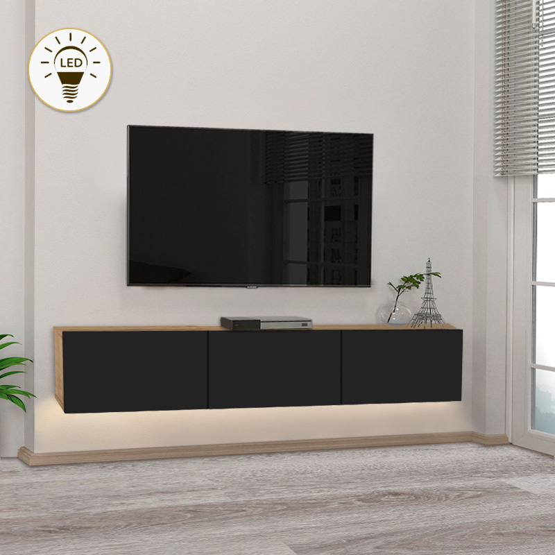 Έπιπλο τηλεόρασης επιτοίχιο Damla Megapap με LED χρώμα sapphire oak – μαύρο 180×29,5×29,5εκ.