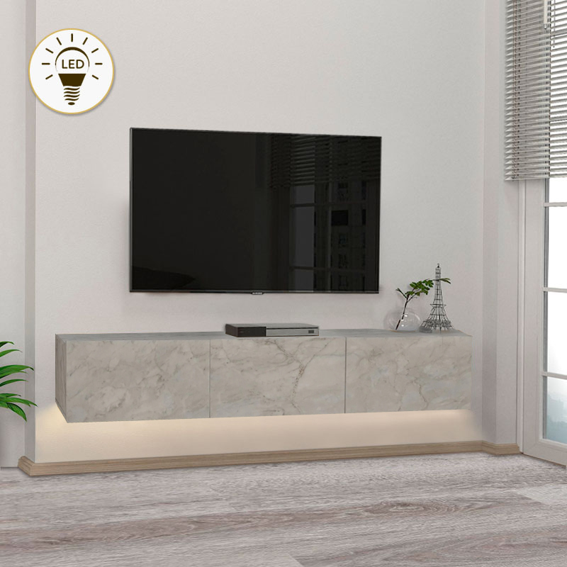 Έπιπλο τηλεόρασης επιτοίχιο Damla Megapap με LED χρώμα λευκό εφέ μαρμάρου 180×29,5×29,5εκ.