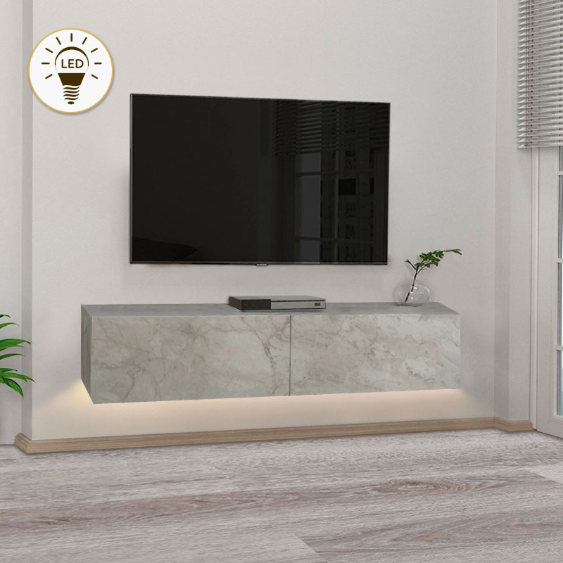 Έπιπλο τηλεόρασης επιτοίχιο Aristo Megapap με LED χρώμα λευκό εφέ μαρμάρου 135×31,6×25εκ.