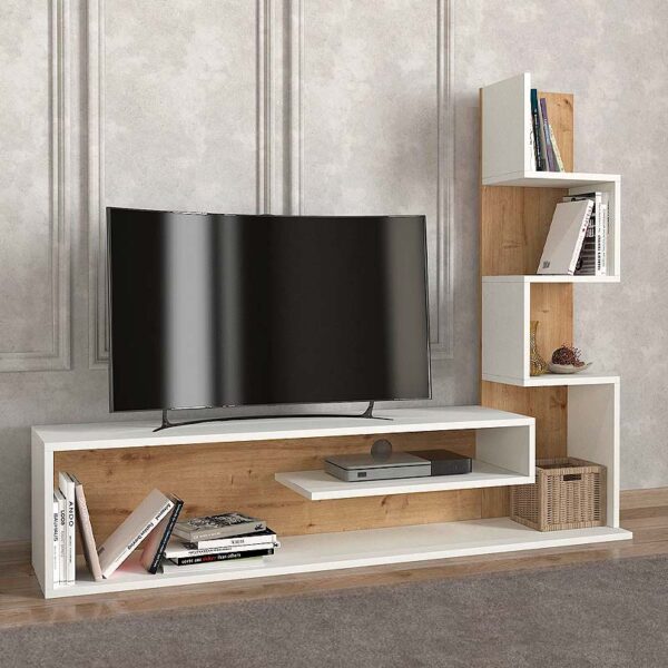 Έπιπλο τηλεόρασης Metehan Megapap χρώμα λευκό – sapphire oak 149,5×29,5×120εκ.