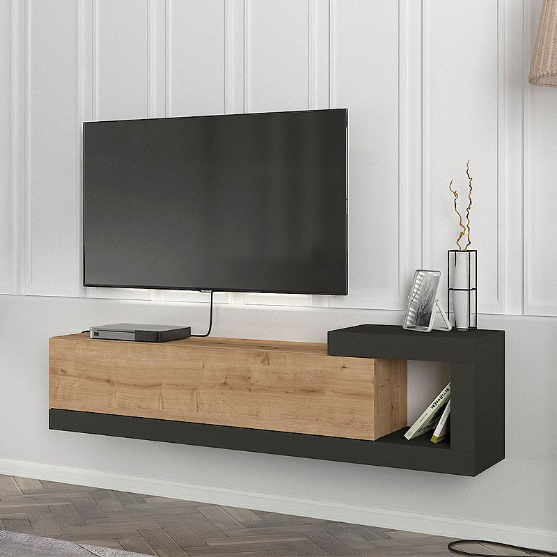 Έπιπλο τηλεόρασης επιτοίχιο Volare Megapap χρώμα sapphire oak – ανθρακί 150×29,6×38,6εκ.
