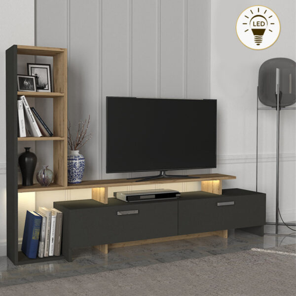 Σύνθεση τηλεόρασης Simal Megapap με LED χρώμα ανθρακί – sepet oak 168,2×31,3×120εκ.