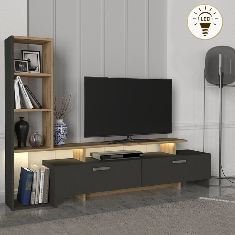 Σύνθεση τηλεόρασης Simal Megapap με LED χρώμα ανθρακί – sepet oak 168,2×31,3×120εκ.