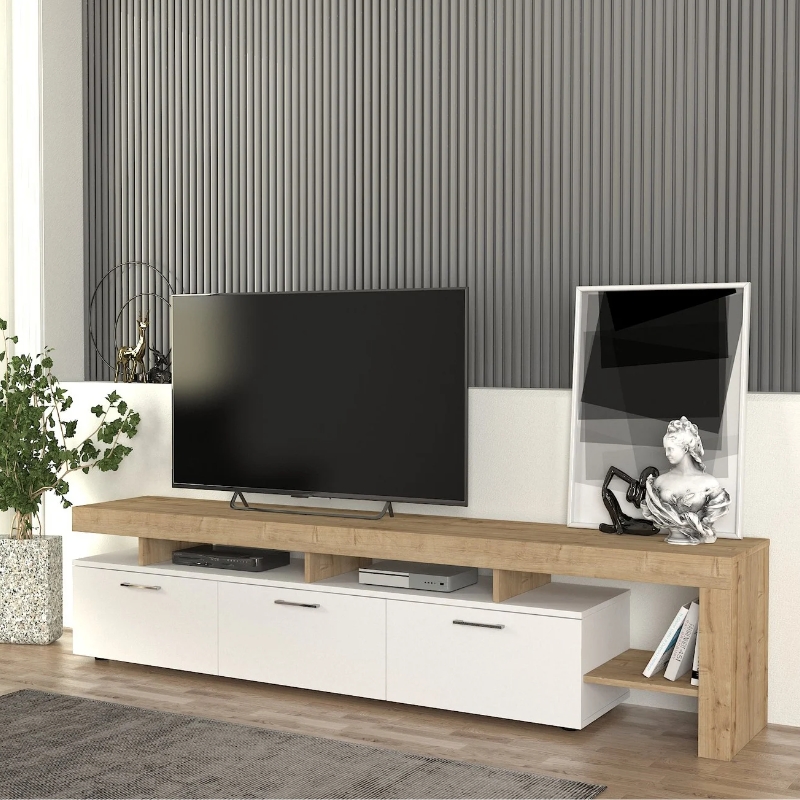 Έπιπλο τηλεόρασης Acnes Megapap χρώμα λευκό – sapphire oak 220x40x52εκ.