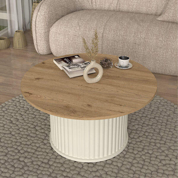 Τραπεζάκι σαλονιού Bohema Megapap χρώμα ivory – sepet oak Ø85×43,2εκ.