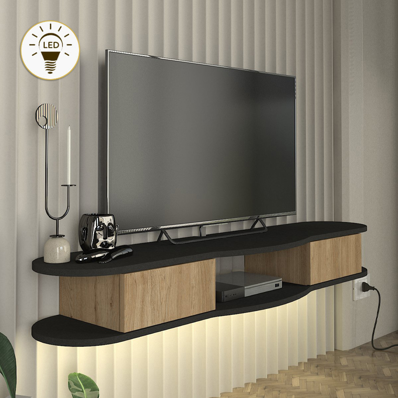 Έπιπλο τηλεόρασης επιτοίχιο Perk Megapap με LED χρώμα ανθρακί – sepet oak 150x35x19,2εκ.