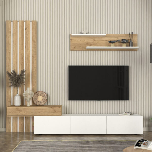 Σύνθεση τηλεόρασης Rosaline Megapap χρώμα λευκό – sepet oak 233×31,3×196,8εκ.