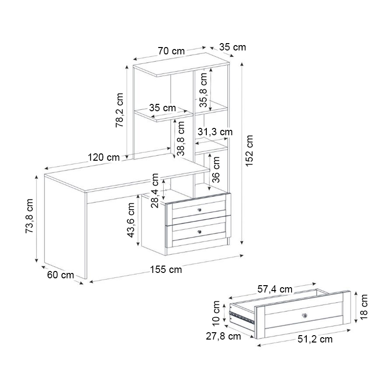 Γραφείο εργασίας Mantra Megapap χρώμα λευκό 150x60x152εκ. - Image 8