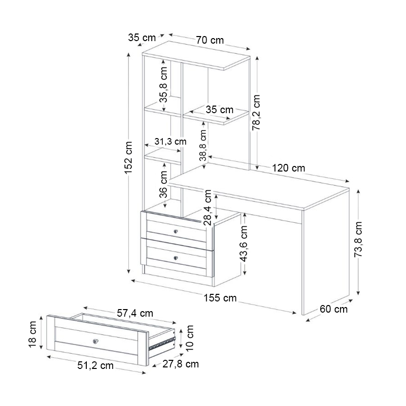 Γραφείο εργασίας Mantra Megapap χρώμα λευκό 150x60x152εκ. - Image 8