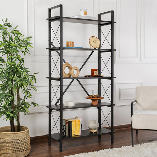 Βιβλιοθήκη Elysian Megapap χρώμα black wood 90×33,5×180εκ.