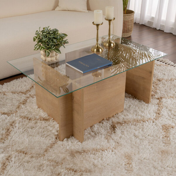 Τραπεζάκι σαλονιού Vetrino Megapap γυάλινο χρώμα honey oak 105x65x40εκ.