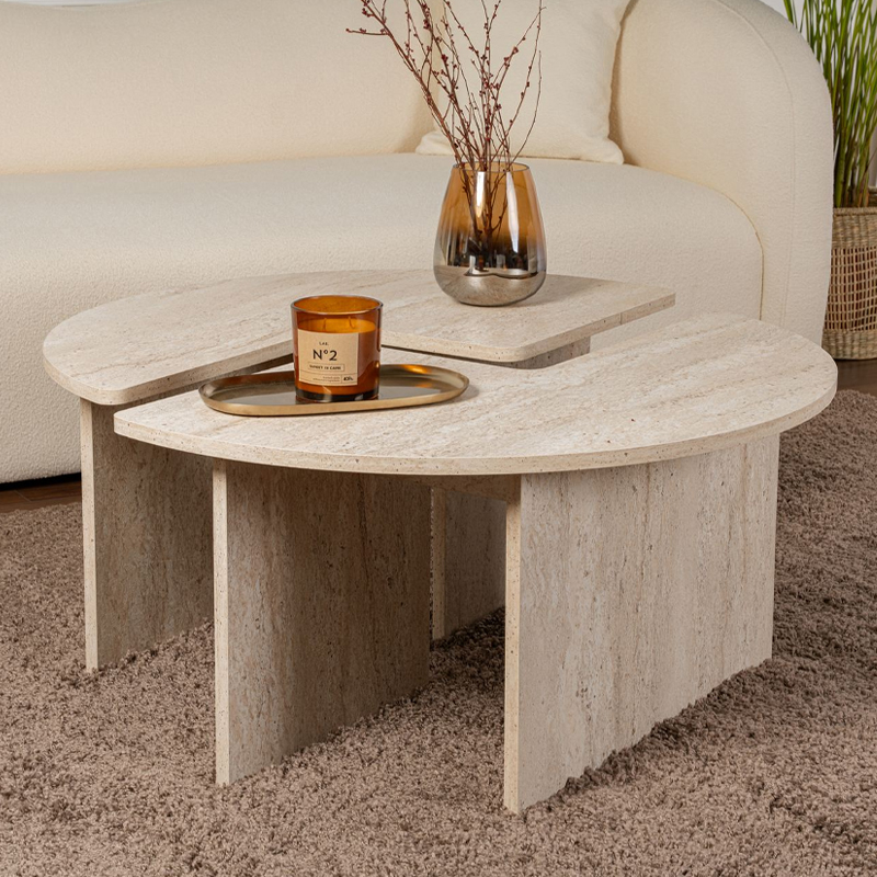 Τραπεζάκι σαλονιού σετ 2 τμχ Moira Megapap χρώμα travertine Ø90×41εκ.