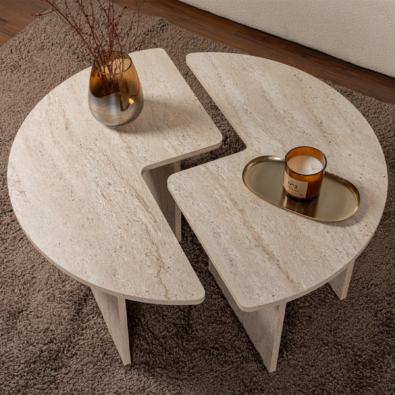 Τραπεζάκι σαλονιού σετ 2 τμχ Moira Megapap χρώμα travertine Ø90x41εκ. - Image 2