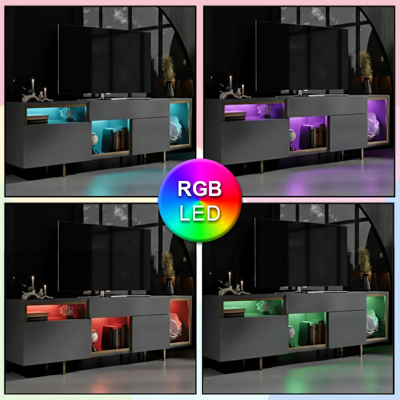 Έπιπλο τηλεόρασης Norm Megapap με Led Rgb χρώμα ανθρακί - χρυσό 180x32x55εκ. - Image 2