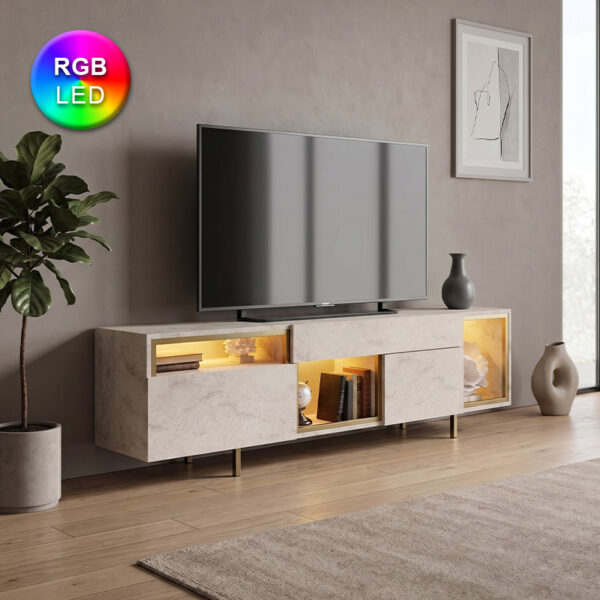 Έπιπλο τηλεόρασης Norm Megapap με Led Rgb χρώμα travertine – χρυσό 180x32x55εκ.