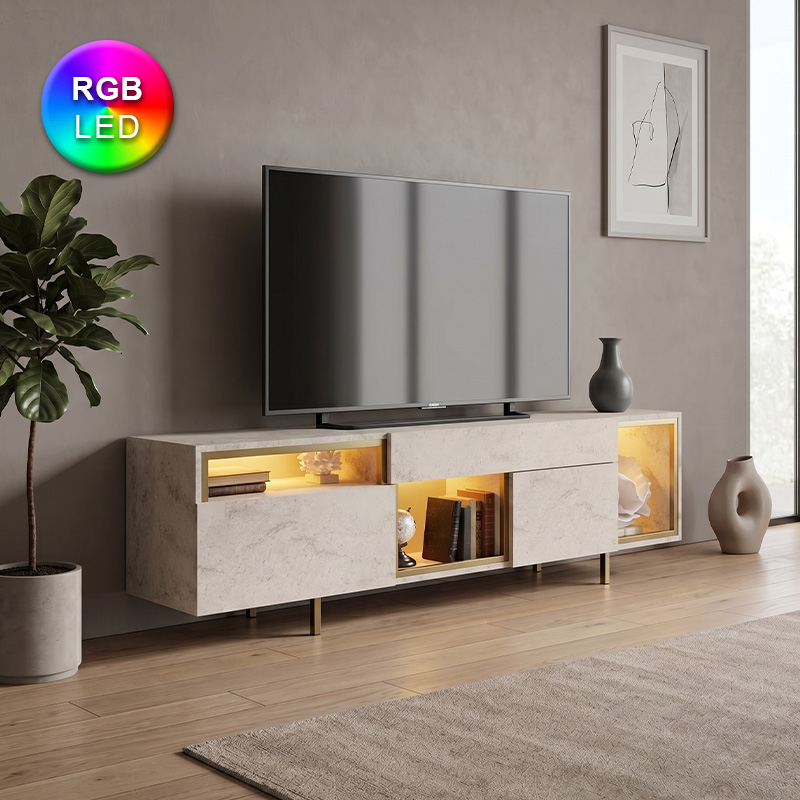 Έπιπλο τηλεόρασης Norm Megapap με Led Rgb χρώμα travertine – χρυσό 180x32x55εκ.