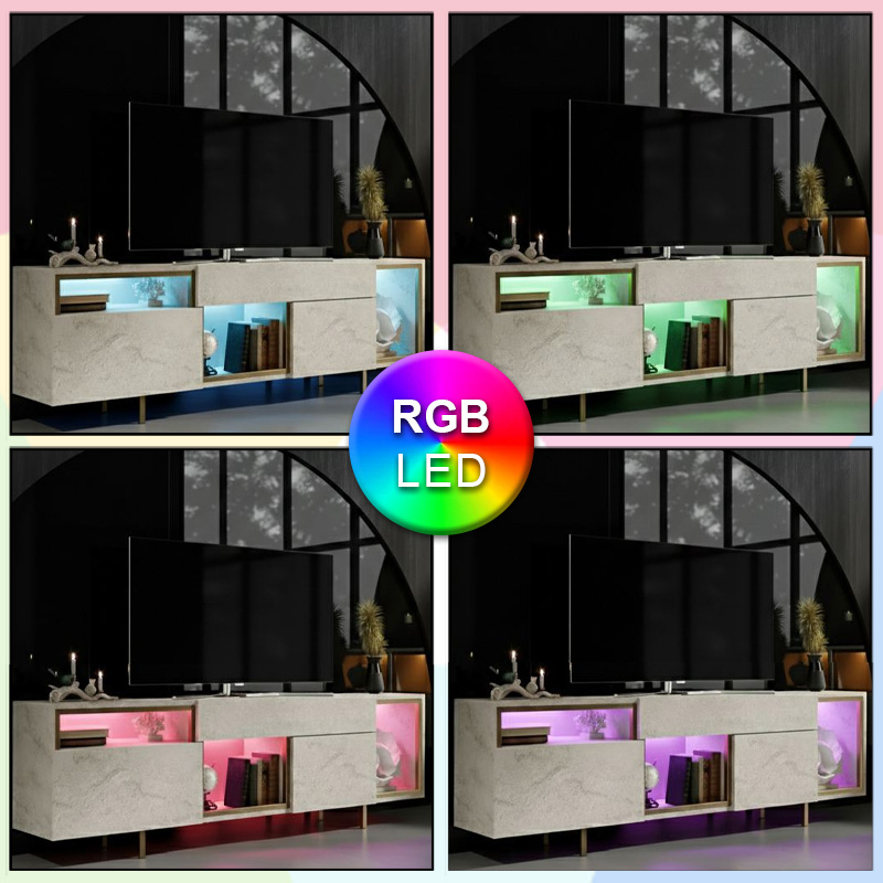 Έπιπλο τηλεόρασης Norm Megapap με Led Rgb χρώμα travertine - χρυσό 180x32x55εκ. - Image 2