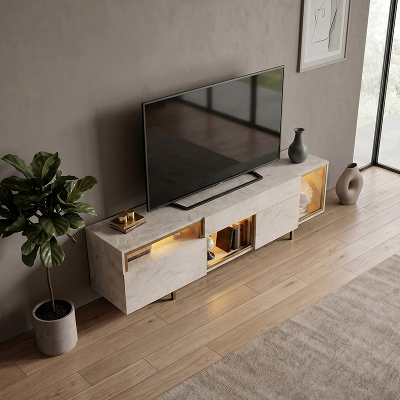 Έπιπλο τηλεόρασης Norm Megapap με Led Rgb χρώμα travertine - χρυσό 180x32x55εκ. - Image 3