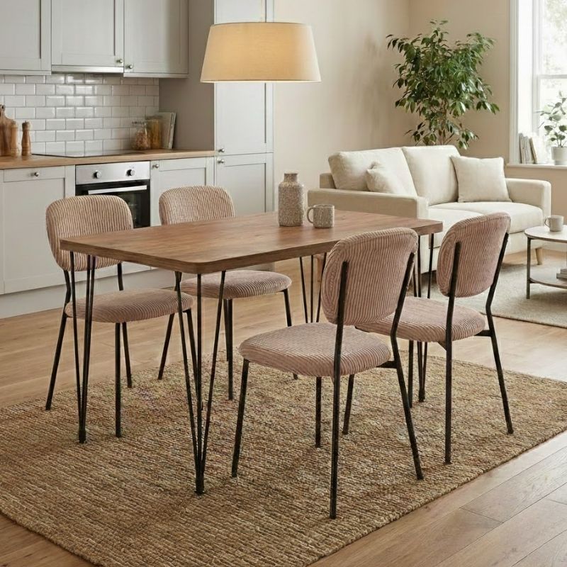 Σετ τραπεζαρία 5τμχ Roger – Kevin Megapap Mdf – ύφασμα χρώμα ακακίας – μόκα 120x70x75εκ.