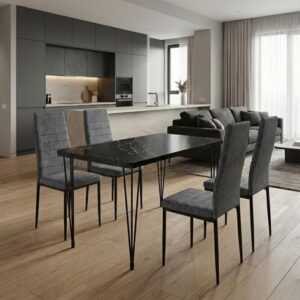 Σετ τραπεζαρία 5τμχ Roger - Rosa Megapap Mdf - ύφασμα χρώμα μαύρο εφέ μαρμάρου - γκρι 120x70x75εκ.