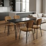 Σετ τραπεζαρία 5τμχ Roger – Kevin Megapap Mdf – ύφασμα χρώμα μαύρο εφέ μαρμάρου – μουσταρδί 120x70x75εκ.