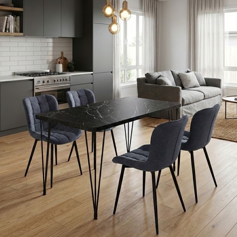 Σετ τραπεζαρία 5τμχ Roger – Chiara Megapap Mdf – ύφασμα χρώμα μαύρο εφέ μαρμάρου – ανθρακί 120x70x75εκ.